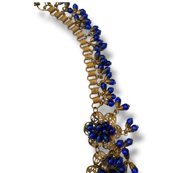 Vintage Miriam Haskell Filigree Floral Necklace Blue Glass Beads 1930s Pre-war - Picture 11 of 16